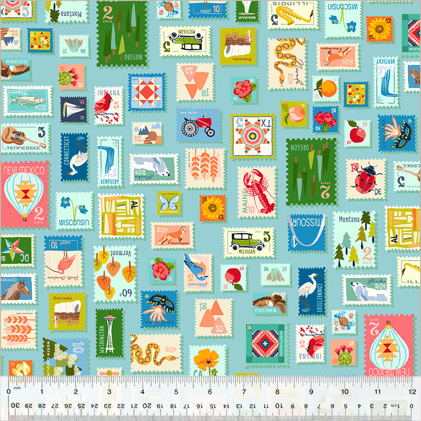 Cross Country, Stamp Collection in Sky, Tamara Kate, Windham| Half Yard Listing