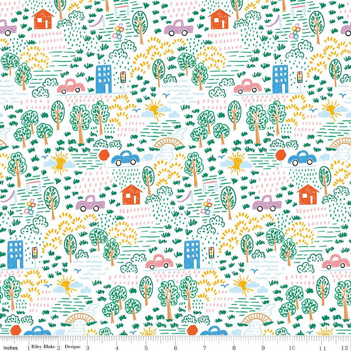 Get Your Cray-On, Neighborhood on White, Riley Blake| Half Yard Listing