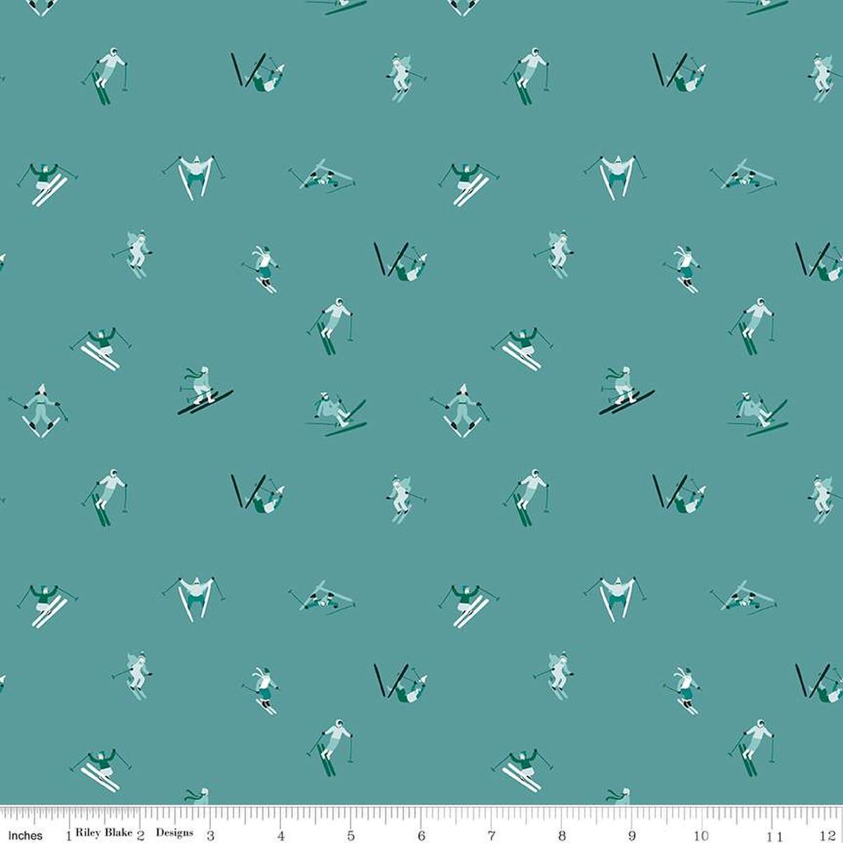 Ski Hill Skiers, Teal, Half Yard Listing
