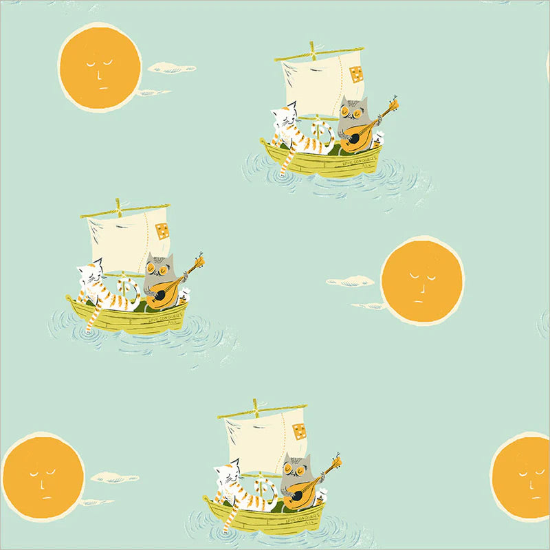 PREORDER: Owl and Pussycat on Aqua, Heather Ross Favorites | Half Yard Listing