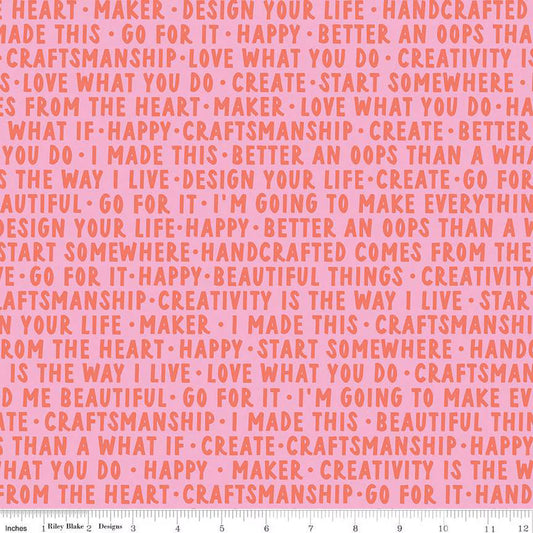 Hand Made Words, Pink, Amber Kemp-Gerstel, Riley Blake | Half Yard Listing