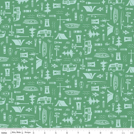 Happy Haven Let's Camp, Green, Shawn Wallace, Riley Blake | Half Yard Listing