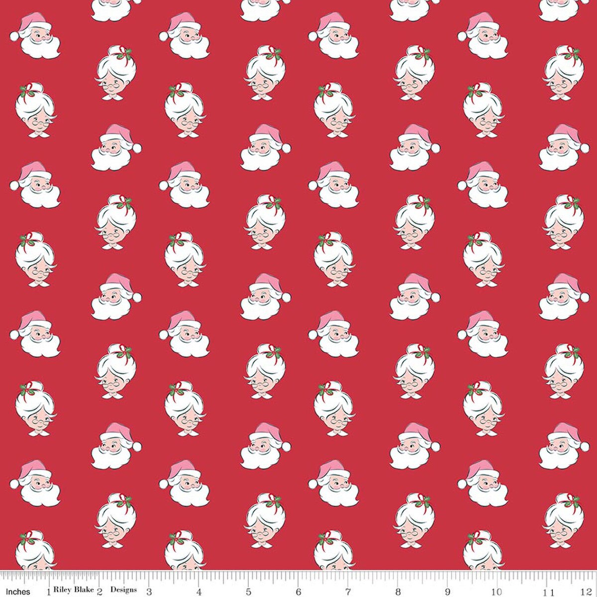 Claus & Co. Santa Heads in Red, Melissa Mortenson, Riley Blake | Half Yard Listing