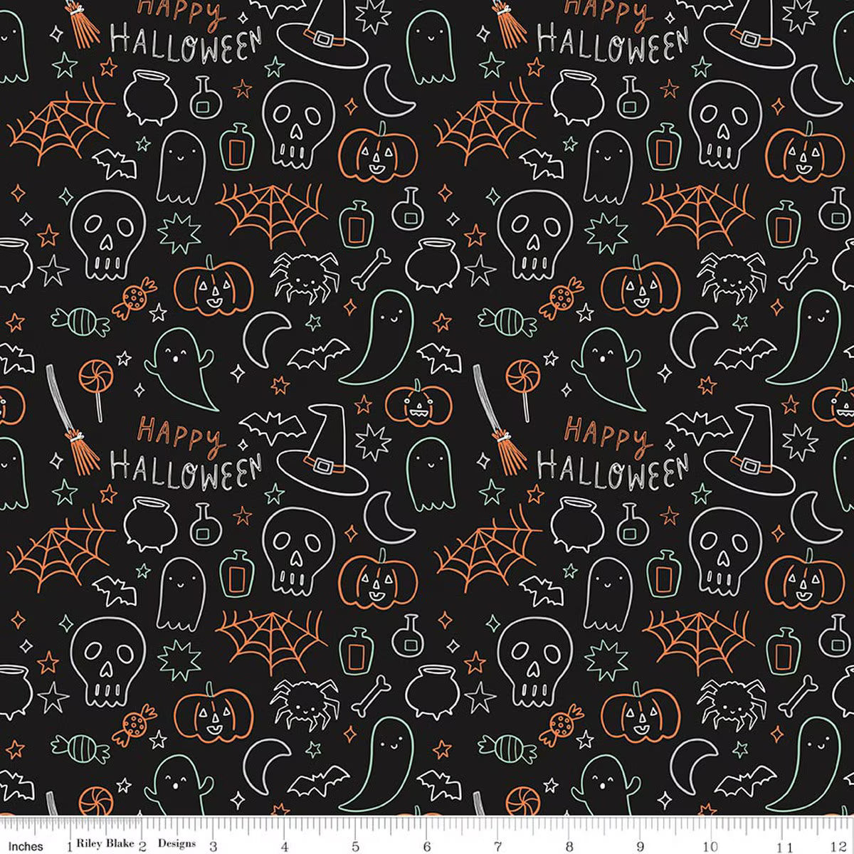 Halloween Icons, Black, Glow in the Dark! Frank and Friends, My Mind's Eye, Riley Blake | Half Yard Listing