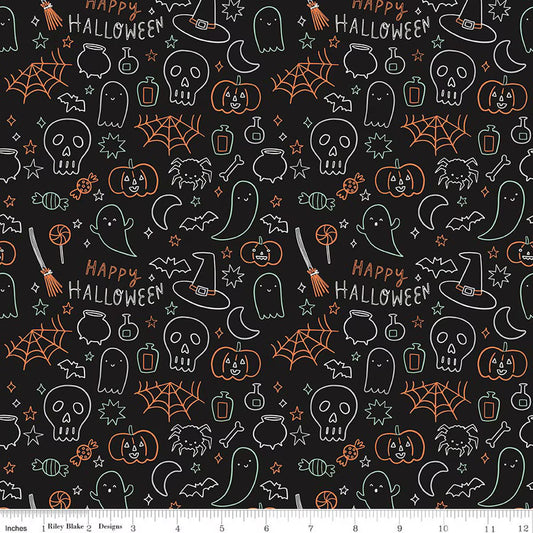 Halloween Icons, Black, Glow in the Dark! Frank and Friends, My Mind's Eye, Riley Blake | Half Yard Listing