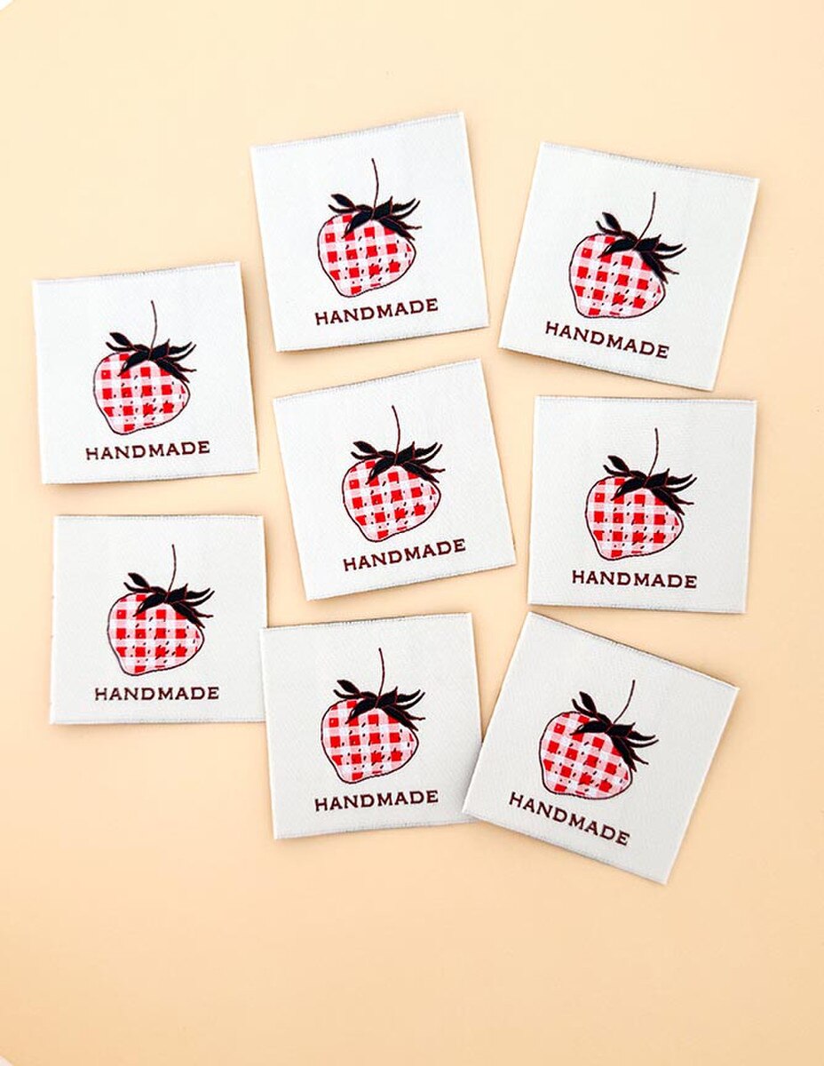 Check Strawberry, Woven, Sew-In, Labels, Minki Kim, Riley Blake| Notions and Gifts