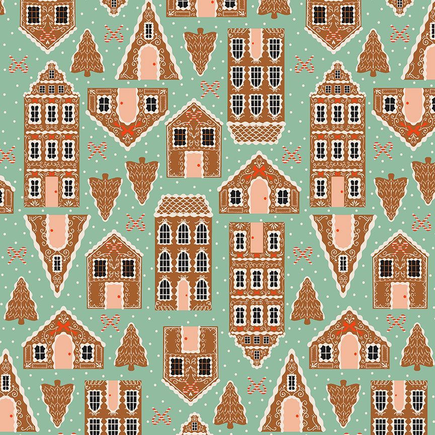 Gingerbread Houses in Jade, Holly Jolly, Faye Guanipa, Dear Stella| Half Yard Listing